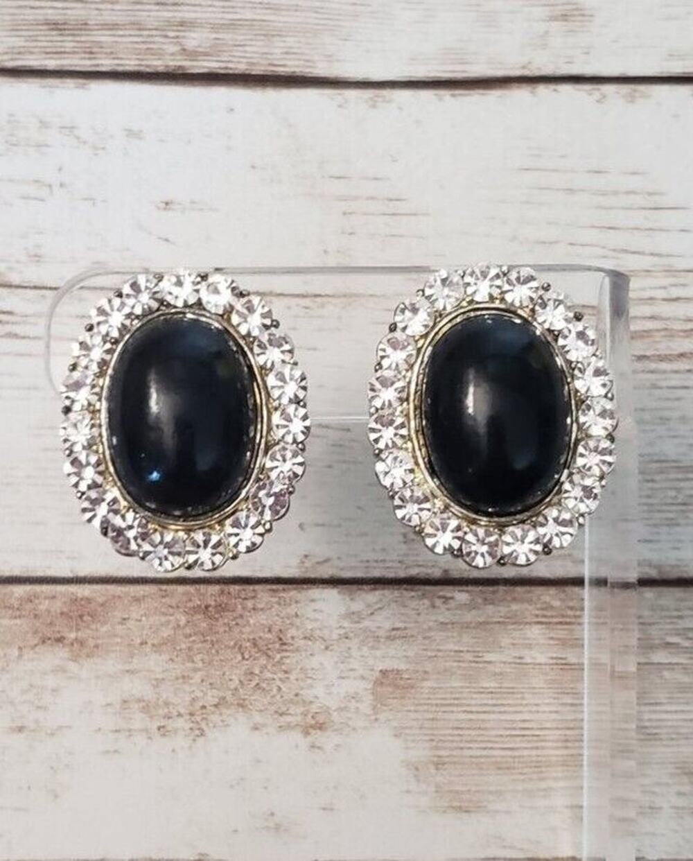 Vintage Clip On Earrings- Large Black Center with Clear Gem Halo Statement